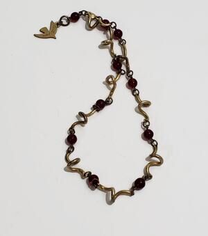 Vintage Cecile Jeanne Paris Matte Gold Tone Red Glass Bead Modernist Necklace
